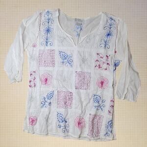 Raiment Women's Medium White Embroidered Boho Peasant Tunic Blouse